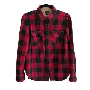 ROOTS Red Black Checked Plaid Flannel Button Front Shirt Elbow Patches S